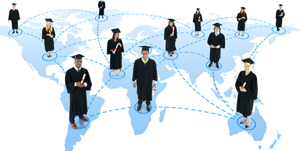 A map of the world with students standing on various countries