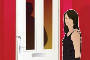 A young person walking to a glass fronted front door where a male figure can be seen