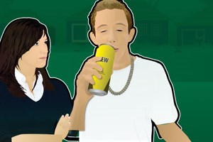 A young person drinking from a can while another looks on