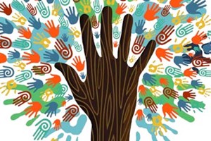 The equality hand tree - many hands of different colour forming a tree