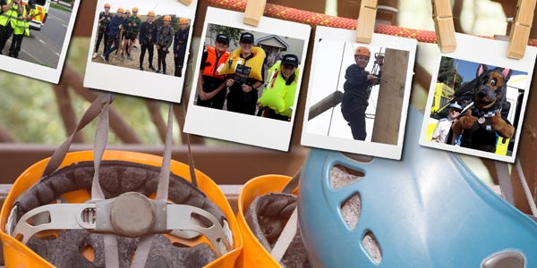 Photos hanging from a washing line above some climbing helmets