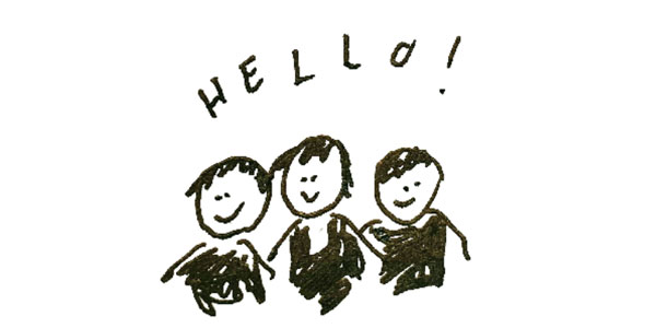 Three sketched people with Hello written above their heads